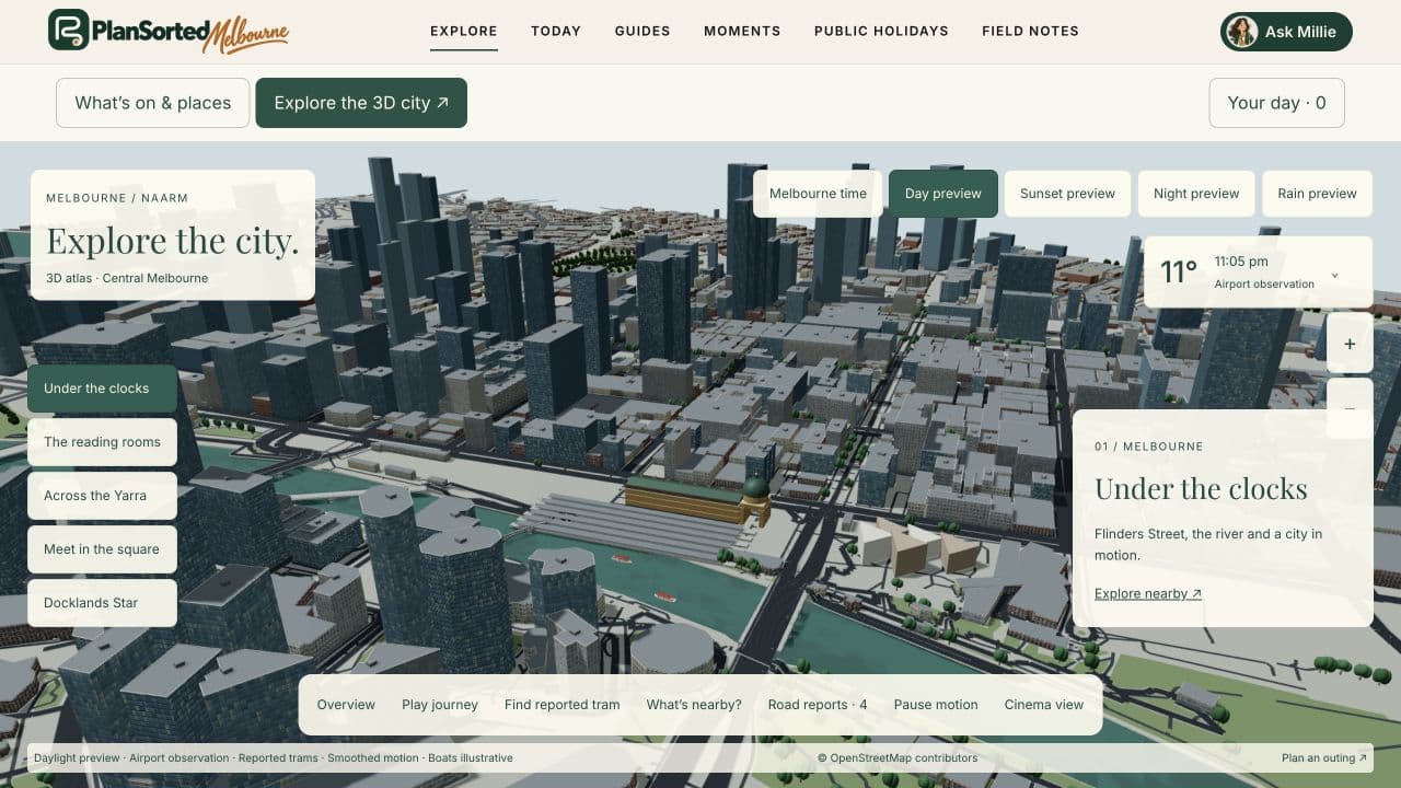 Melbourne’s 3D city view over Flinders Street, the Yarra and the CBD.
