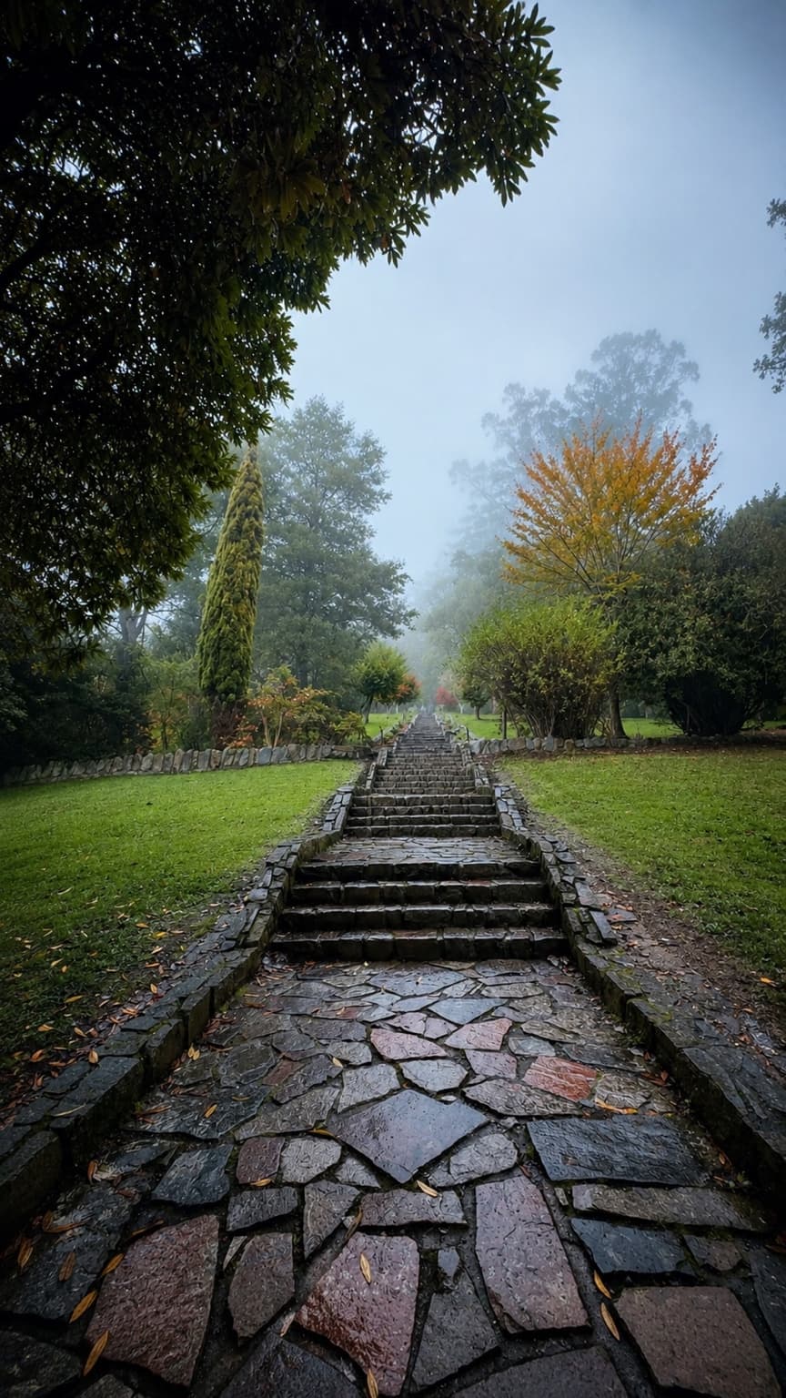 Wet stone steps leading up through misty gardens