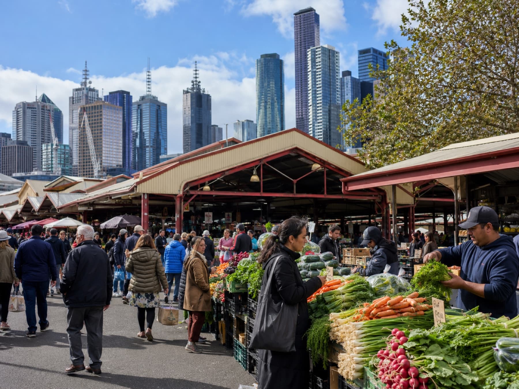 Shoppers at the Queen Victoria Market sheds with the city behind