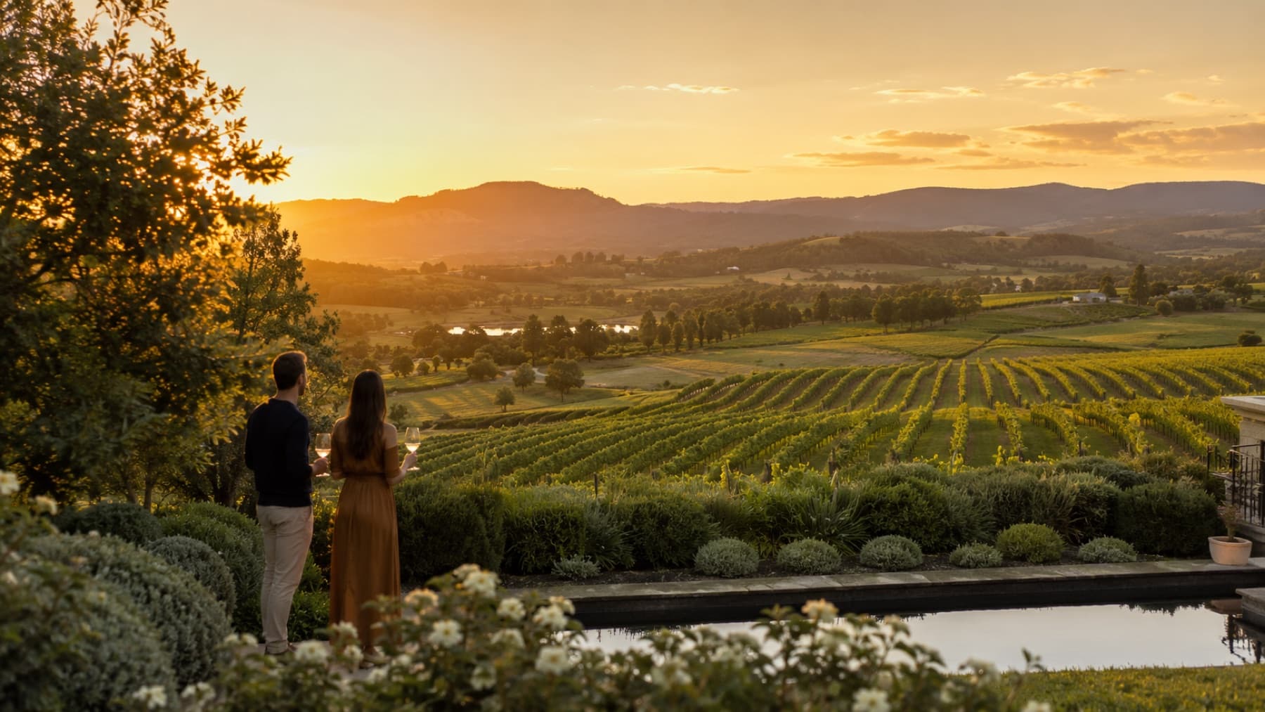 Two glasses raised over vineyard rows at golden hour